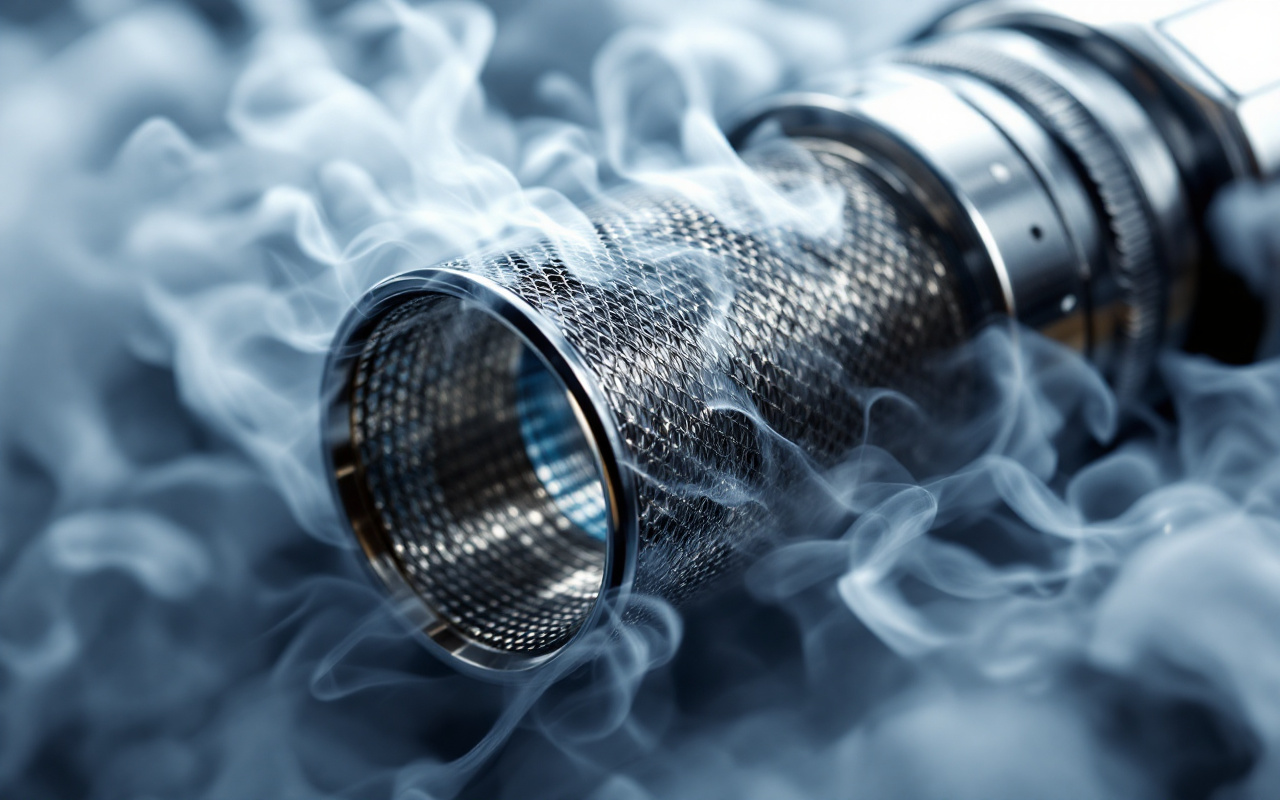 Gros plan d'une résistance en mesh d'une e-cigarette, mettant en valeur sa texture et son éclat métallique, avec un fond flou de vapeur.