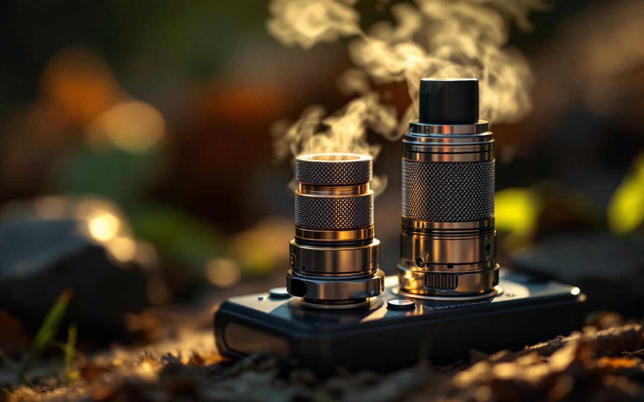 Une configuration de vape avec une bobine en mesh, photographiée en gros plan dans un environnement naturel, mettant en évidence les détails métalliques et la lumière ambiante douce.