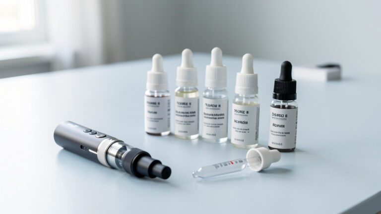 Nature morte montrant une cigarette électronique réutilisable, des flacons de liquide sans étiquette et un compte-gouttes disposés pour illustrer le choix prudent du dosage de nicotine.