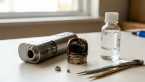 Gros plan sur une cigarette électronique, une résistance récemment remplacée au coton assombri, un flacon de liquide clair et des outils d’entretien posés sur un établi.