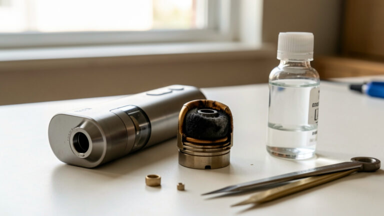 Gros plan sur une cigarette électronique, une résistance récemment remplacée au coton assombri, un flacon de liquide clair et des outils d’entretien posés sur un établi.