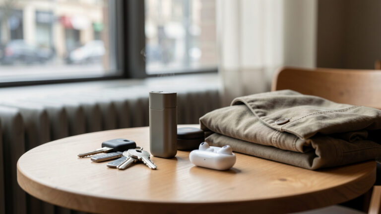 Dispositif électronique compact et discret dans un étui, posé avec des objets de voyage sur une table de café, avec très peu de vapeur visible.