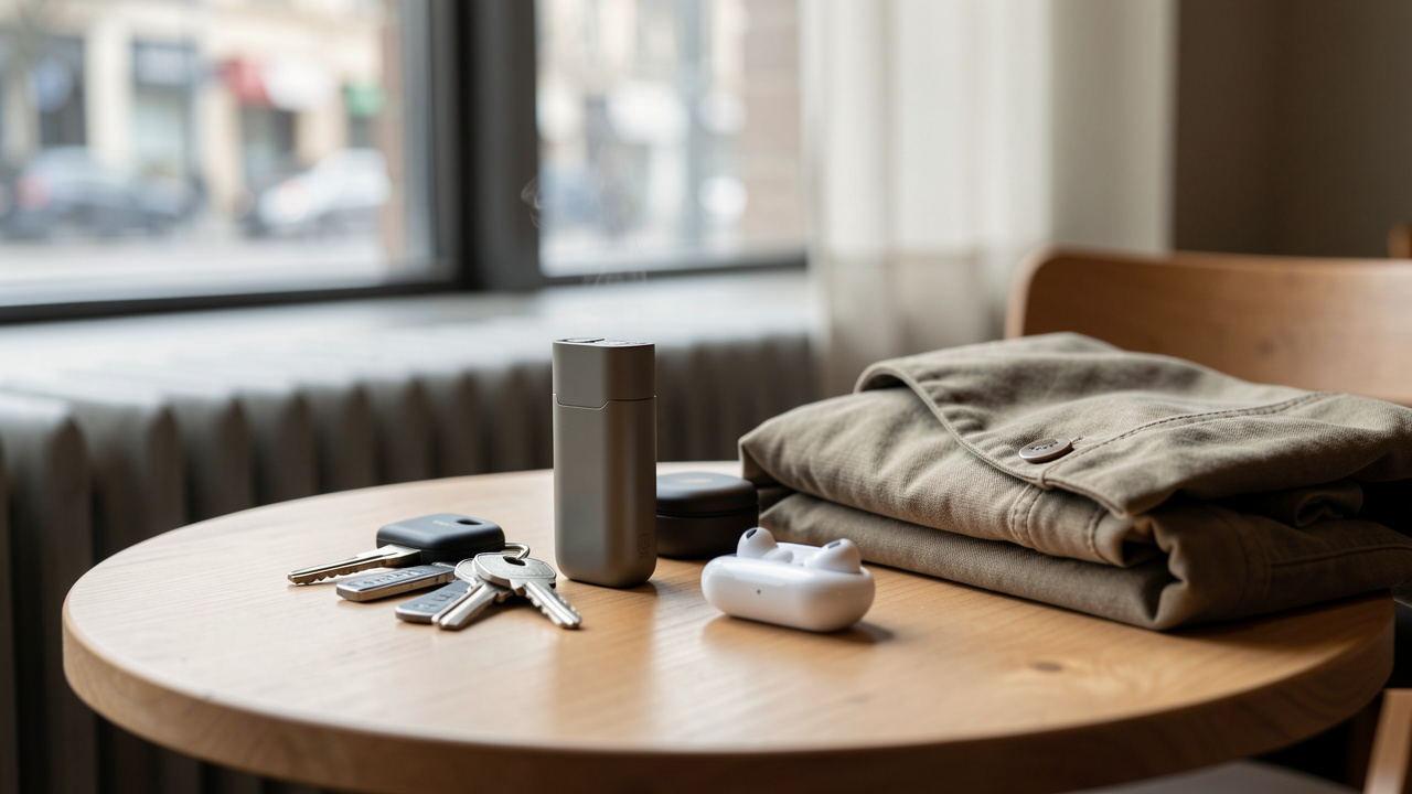 Dispositif électronique compact et discret dans un étui, posé avec des objets de voyage sur une table de café, avec très peu de vapeur visible.