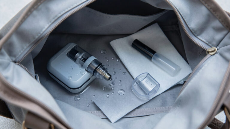 Cigarette électronique présentant une fuite dans un sac ouvert, accompagnée d’un étui protecteur et d’un chiffon absorbant.