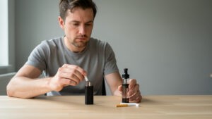 Un homme adulte compare un pod rechargeable et une cigarette classique posés côte à côte sur une table sobre.