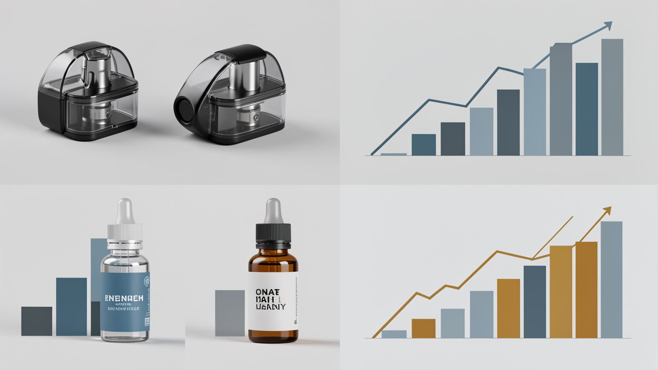 Composition éditoriale sobre présentant des pods de cigarette électronique rechargeables, des flacons d’e-liquide sans marque et des graphiques abstraits de ventes.