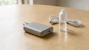 Cigarette électronique rechargeable avec pod, flacon d’e-liquide et câble USB posés sur une table claire.