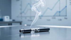 Cigarette électronique posée sur une table de laboratoire, avec un léger aérosol visible et des formes de graphiques scientifiques floues en arrière-plan.