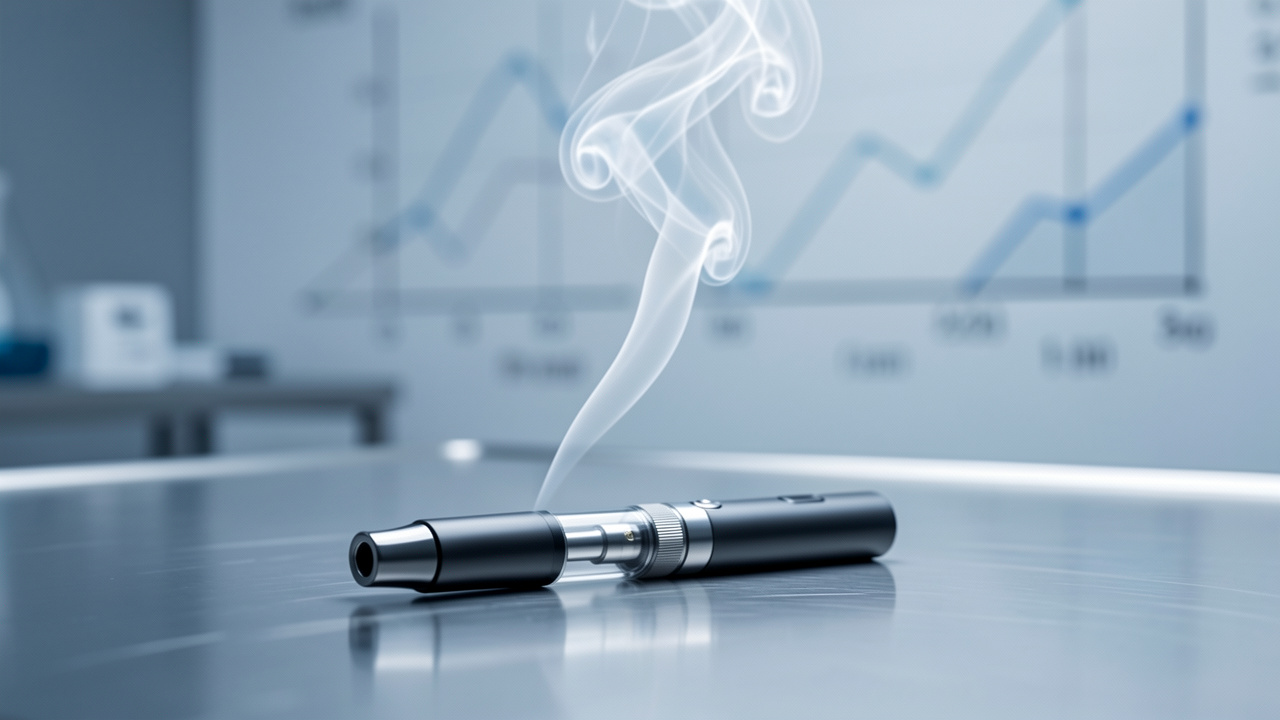 Cigarette électronique posée sur une table de laboratoire, avec un léger aérosol visible et des formes de graphiques scientifiques floues en arrière-plan.