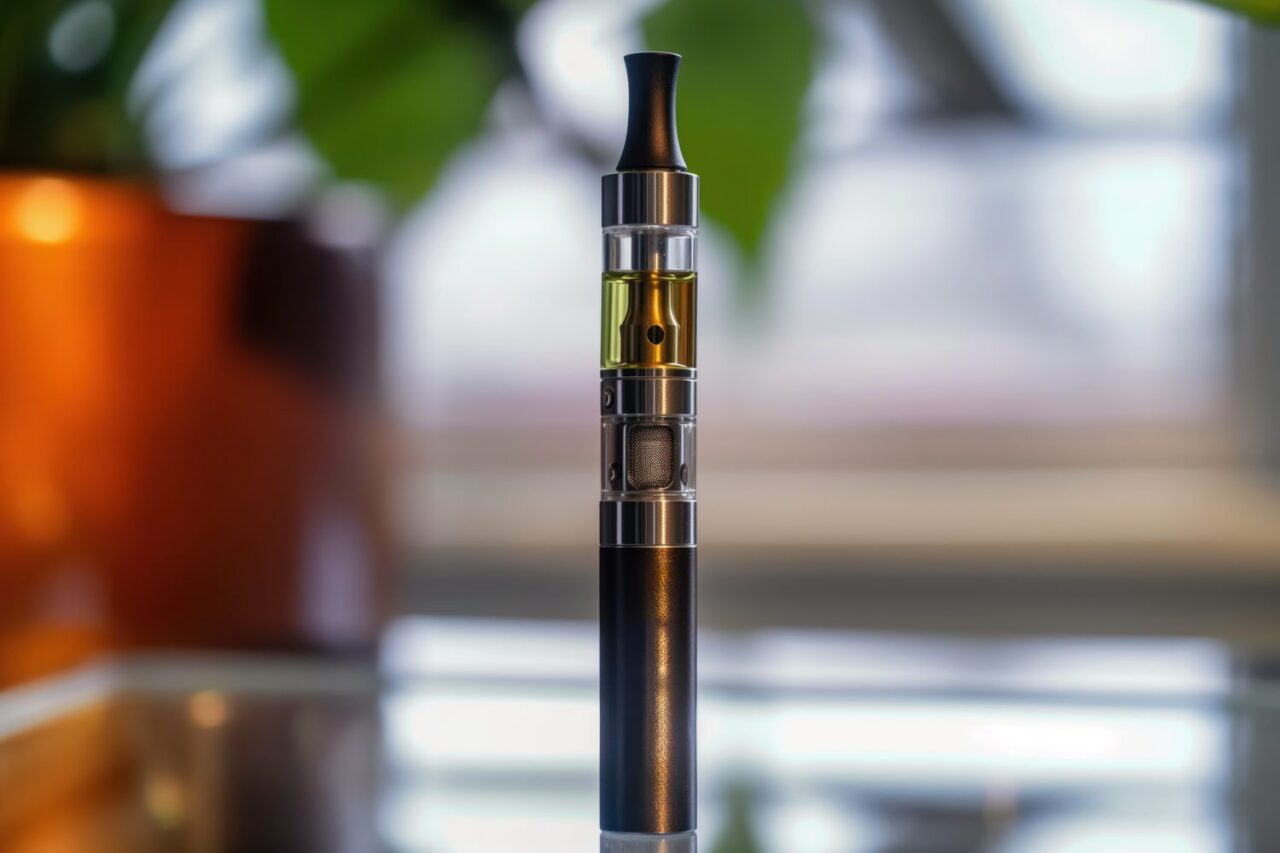 Gros plan sur une cigarette électronique utilisée pour vapoter du CBD.